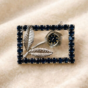 Vintage Mid-Century Blue Rhinestone Flower Brooch | Sapphire Rectangular Pin